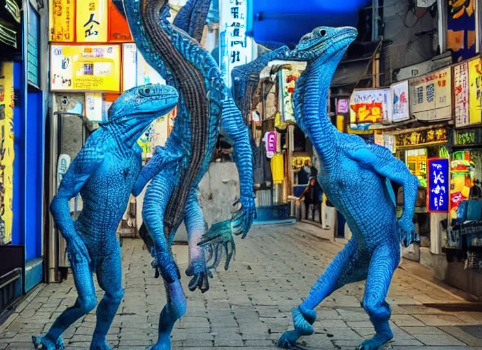 Prompt: reptilian aliens stepping out of a blue portal in a busy japanese street, award winning photo