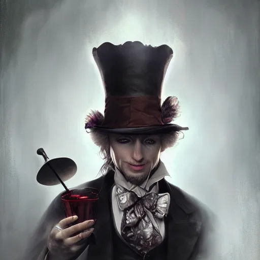 Image similar to The Madhatter, digital painting, lots of details, extremely detailed, 4k, intricate, brush strokes, Artgerm, Bastien Lecouffe-Deharme