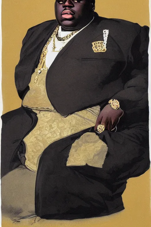 Image similar to portrait of biggie smalls with kings crown and royal outfit, royal background, modern, eclectic, illustration, by ramon casas