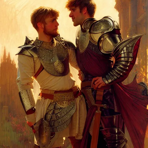 Image similar to attractive arthur pendragon and his attractive male knight, they are in love, natural lighting, path traced, highly detailed, high quality, digital painting, by gaston bussiere, craig mullins, alphonse mucha j. c. leyendecker