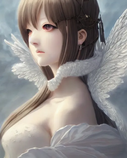 Image similar to range murata, an infinitely detailed portrait of a frail and pale female peace angel elegantly. fully - clothed full - body, beautiful! scenery art!! coherent! by wlop & murata range, victorian armor trim, cold color palette, artstation / pixiv!! elegantly armored angel portrait full - body, dreamy art