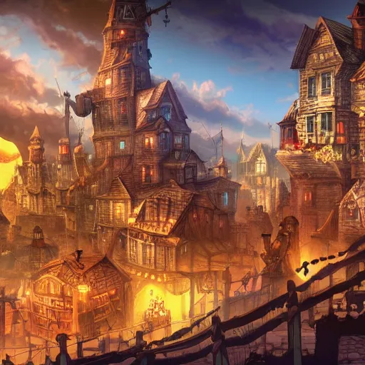 Prompt: A fantastical underground steampunk village with towering buildings, side-scrolling 2d platformer game level, dramatic dusk sun illuminates areas, volumetric light , detailed, rich color, upscale , 8k
