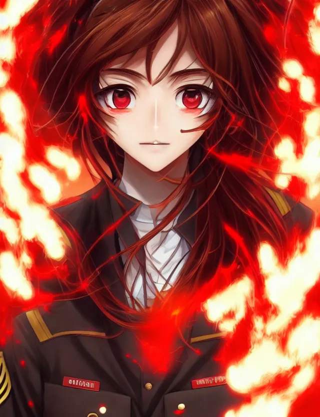 Image similar to a detailed manga portrait of a beautiful brown haired woman in a military uniform glowing with swirling red energy, trending on artstation, digital art, 4 k resolution, detailed, high quality, sharp focus, hq artwork, coherent, insane detail, character portrait