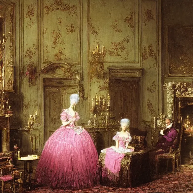 Prompt: Marie Antoinette cutting a pink cake. By Carl Gustav Carus, John Atkinson Grimshaw.