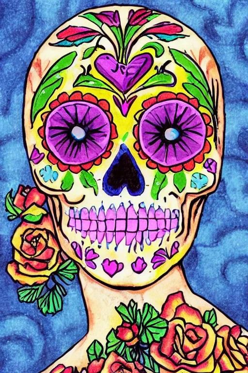 Image similar to illustration of a sugar skull day of the dead girl, art by derek riggs