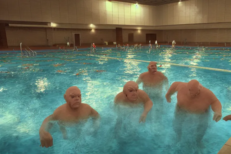 Image similar to photo, two old men fight pig mutants 4 0 1 2 7 inside a swimming pool, highly detailed, scary, volumetric lighting, front view