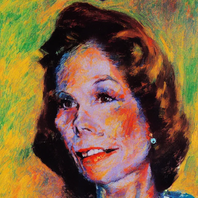 Prompt: close up studio portrait of Mary Tyler Moore, age 22, gorgeous face, wearing a punk t shirt in 1985, impasto heavy brushstrokes oil painting by Mary Cassatt and Franz Marc and Norman Rockwell, Intense colors trending on artstation dramatic lighting Expressionism