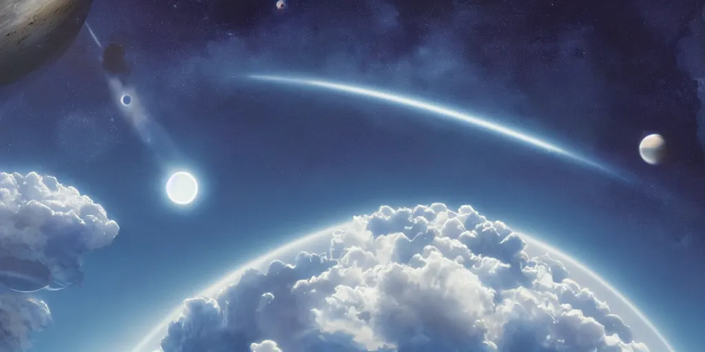 Image similar to blue dreamy cloudscape with a single planet in the clouds, ringed planet, daylight, cinematic lighting, cinematic perspective, syd mead, john harris, federico pelat,