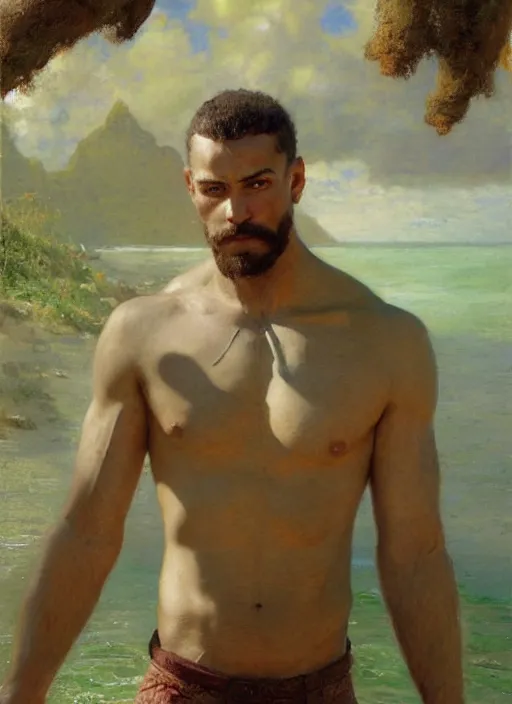 Prompt: detailed cinematic wide shot of muscular attractive young mulatto man beard slim face symmetrical face tanskin green eyes shaved hair wearing sea clothes, ultra realistic, spring light, painting by gaston bussiere, craig mullins, j. c. leyendecker