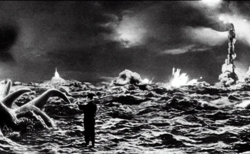 Image similar to a filmstill of Kim Jong-il and a starfish monster destroying Pyongyang, in Godzilla (1954) by Ishirō Honda, epic ultrawide shot, cinémascope