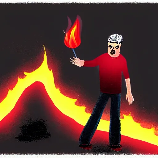 Image similar to a man wearing pants that are on fire, digital art