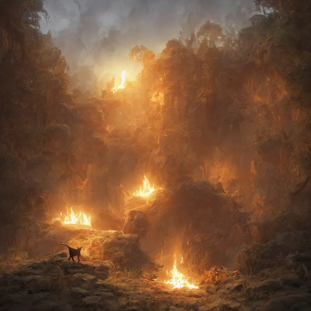 Image similar to many cute fluffy caracals, fire, magic, symmetric, fantasy epic legends stylized digital illustration radiating a glowing aura global illumination ray tracing hdr fanart arstation, 8 k, art by greg rutkowski