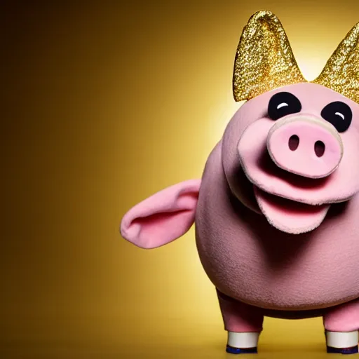 Image similar to studio photograph of a smiling pig depicted as a muppet wearing a gold crown eating pork rind snacks