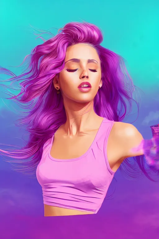 Image similar to a award winning half body porttrait of a beautiful woman in a croptop with ombre purple pink teal hairstyle with head in motion and hair flying, outrun, vaporware, shaded illustration, digital art, trending on artstation, highly detailed, fine detail, intricate