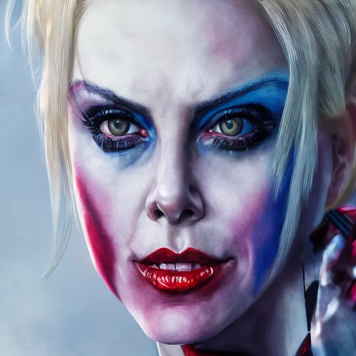 Image similar to portrait of Charlize Theron as a harley quinn in Suicide Squad. intricate abstract. intricate artwork. by Tooth Wu, wlop, beeple, dan mumford. octane render, trending on artstation, greg rutkowski very coherent symmetrical artwork. cinematic, hyper realism, high detail, octane render, 8k, iridescent accents