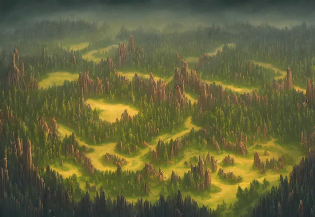 Prompt: blurry aerial view of the background of a forest that leads to a endless pit in the foreground, stylised painting, forest, medieval architecture, dynamic lighting, aesthetics, smooth, d & d, fantasy, asymmetrical, intricate, elegant, matte painting, illustration, hearthstone