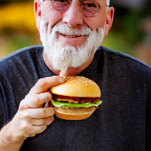 Prompt: a bald old man with no beard, eating a cheeseburger with extra cheese no lettuce and topped with cream