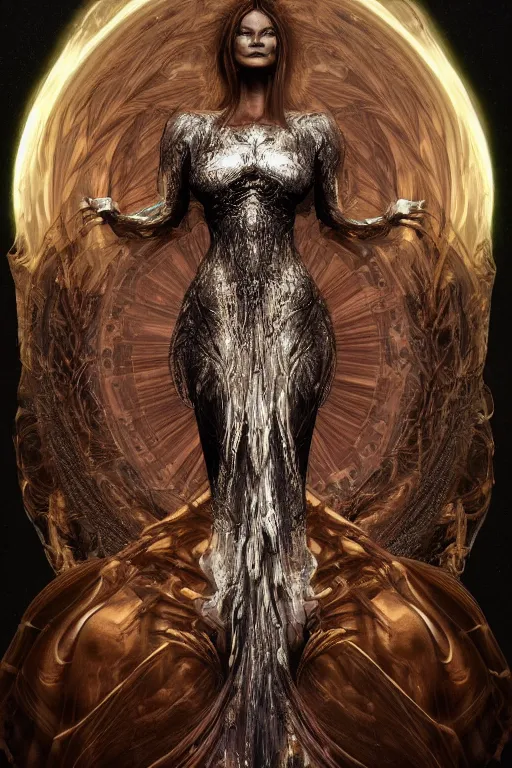 Image similar to a realistic dark photo of a beautiful ancient alien woman goddess with six hands kate moss standing in iris van herpen dress jewelery and fractals in style of alphonse mucha art nuvo dmt trending on artstation made in unreal engine 4