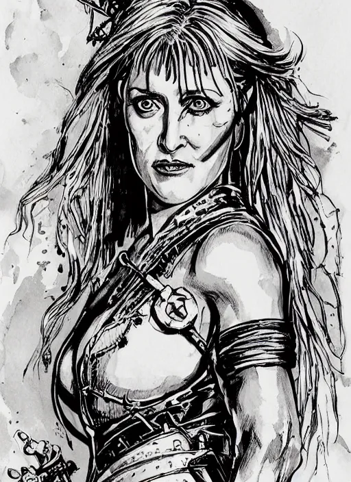 Prompt: beautiful portrait commission of a beautiful Gillian Anderson as Xena the warrior princess in a vintage gothic style. character design by ralph steadman, detailed, inked, western comic book art