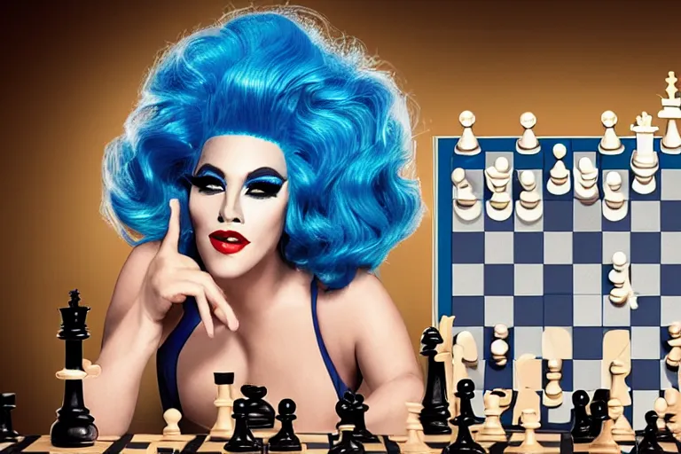 Prompt: blue hair drag queen playing chess, netflix show poster