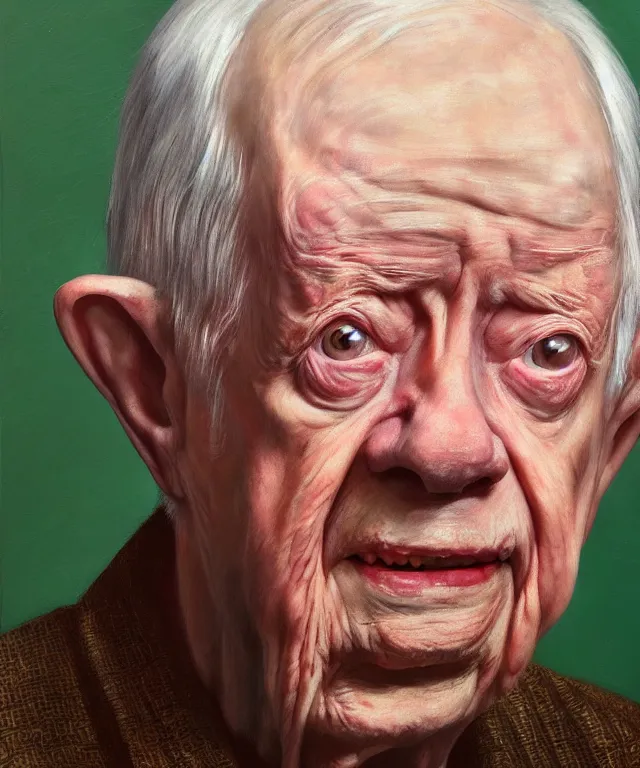 Image similar to hyperrealistic close up studio portrait of aging old Jimmy Carter age 103 wrinkled sorrowful, oil painting by Ivan Albright and Lucian Freud and Ron Mueck, trending on artstation Studio lighting hyperrealism