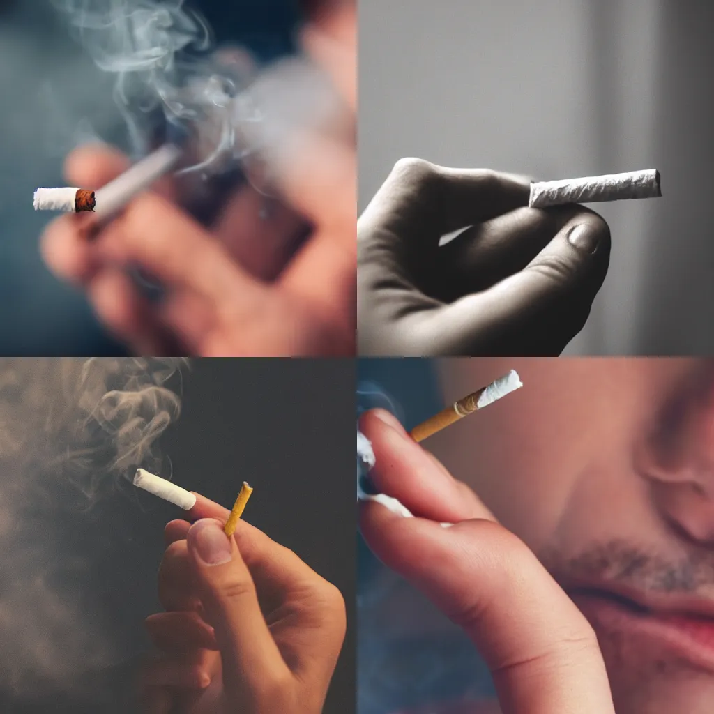 Prompt: Close-up of soft hand holding cigarette with smoke, realistic photo, 4K