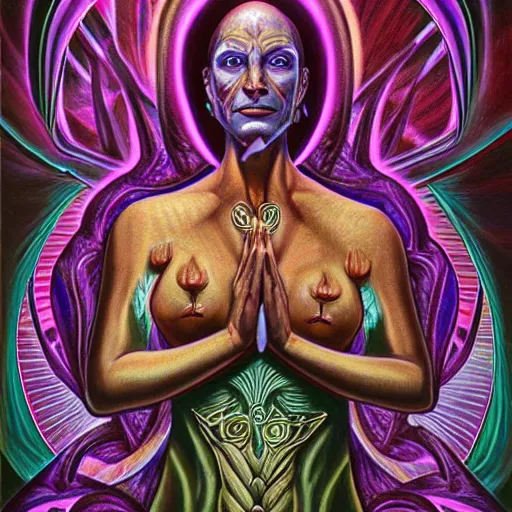 Prompt: a painting of lex from paladins praying designed by alex grey, flooko, etheral, detailed, glows,