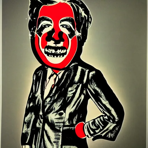 Image similar to a woman in a suit and tie with a creepy face, a screenprint by warhol, reddit contest winner, antipodeans, hellish, anaglyph filter, hellish background