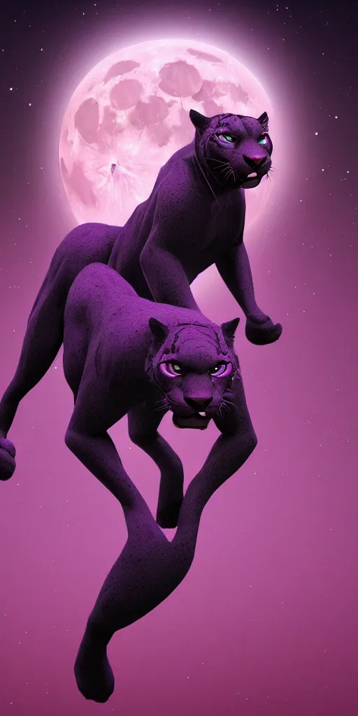 Prompt: high quality render of a purple colored panther roaring at night. large moon in the center of the background. digital drawing, illustration, 4 k, render, matte, highly detailed, artstation, realistic, dramatic, darkness, moon.