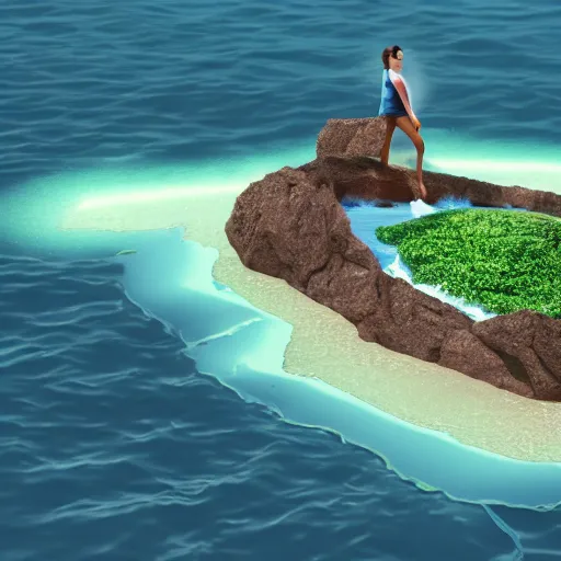 Image similar to 3d render of the most powerful person on earth with water super powers, Standing on a small round island, floating in the ocean, high detail,