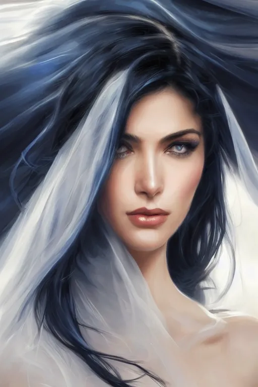 Image similar to Ameera al-Taweel, blue eyes, long wavy black hair, fierce look, white veil, closeup, focus face, elegant, highly detailed, centered, digital painting, artstation, concept art, art by artgerm and donato giancola and Joseph Christian Leyendecker, Ross Tran, WLOP