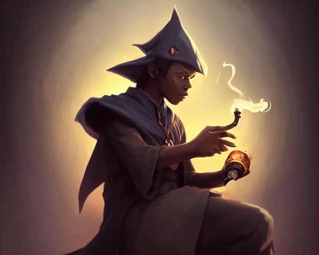 Image similar to cute young black mage ( final fantasy series ) male, smoking a pipe, shrouded face, deep focus, d & d, fantasy, intricate, elegant, highly detailed, digital painting, artstation, concept art, matte, sharp focus, illustration, hearthstone, art by artgerm and greg rutkowski and alphonse mucha