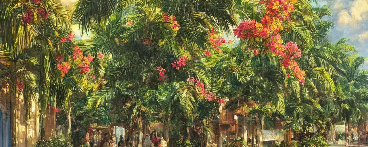 Image similar to a highly detailed oil painting of Tropical Flowers, a view from ground level: elegant, ornate, daytime. this is a beautifully lit scene.