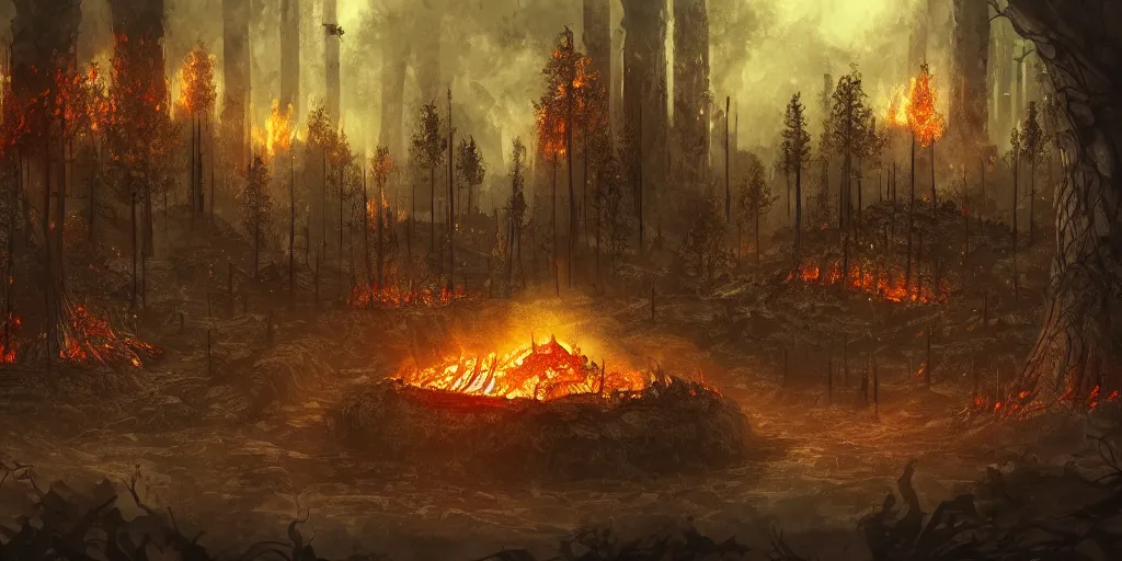 Prompt: concept art of a druidic village surrounded by trees made of obsidian and flames for leaves, dark fantasy, eerie, at dusk, slightly hazy, digital painting, large fire pit, realistic, sharp focus, high detail, beautiful