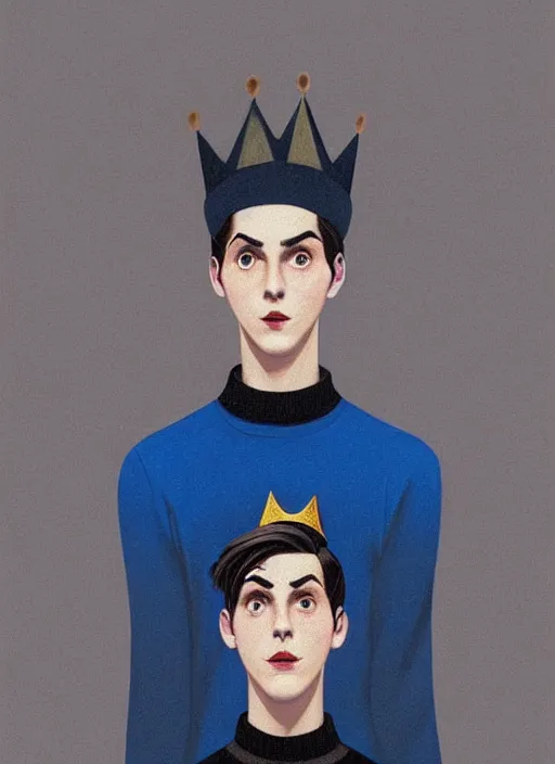 Image similar to portrait of teenage jughead jones wearing a light grey crown, crown, blue turtleneck, 1 9 5 0 s, closed eyes, photorealistic, black hair, glowing lighting, intricate, elegant, glowing lights, highly detailed, digital painting, artstation, concept art, smooth, sharp focus, illustration, art by wlop, mars ravelo and greg rutkowski