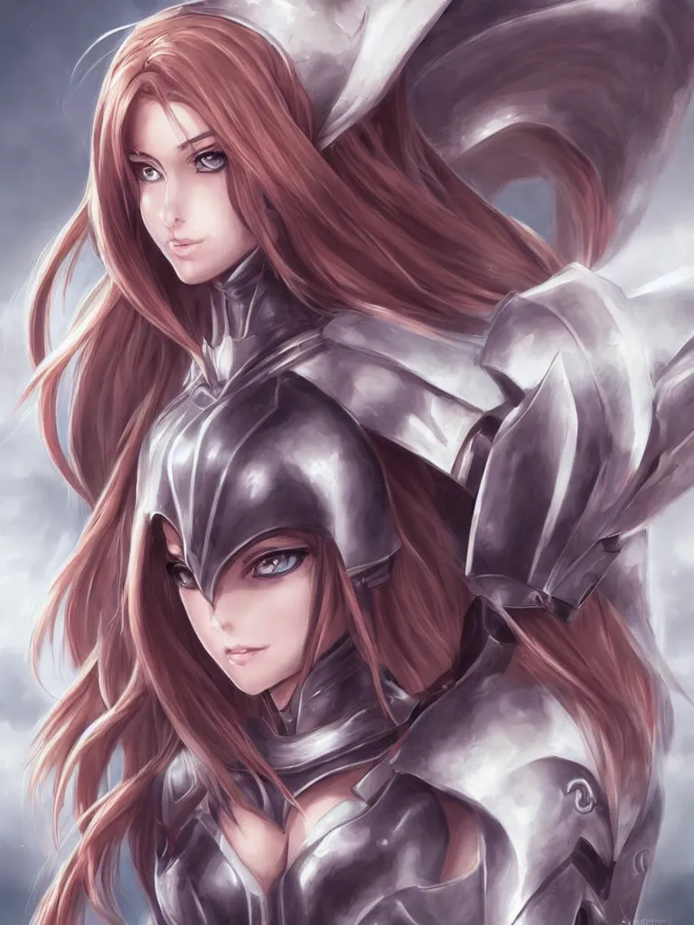 Image similar to a portrait of an attractive knight female anime character with long hair, artgerm