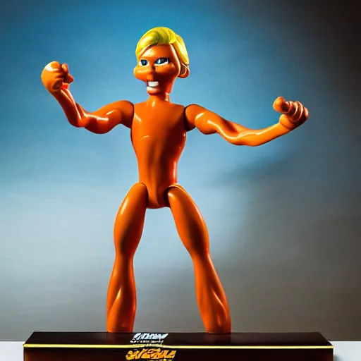 Image similar to toy called Stretch Armstrong, life size, fighting a small Indian man, golden hour, award winning,