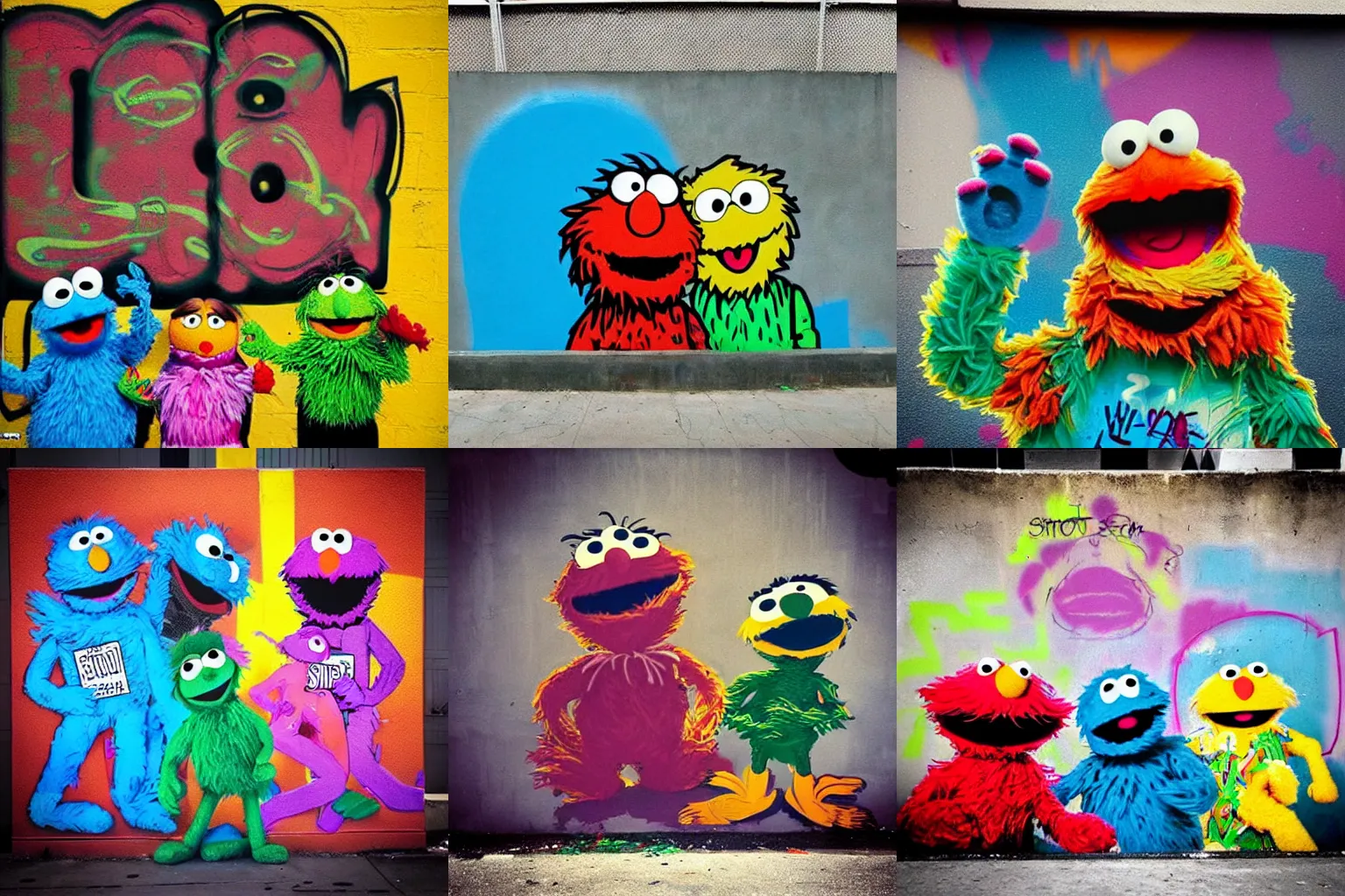 Prompt: “Sesame Street as LA street gang, 90s, rough, style street art, graffiti, spray paint”