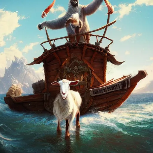 Prompt: a goat on a pirate boat by greg rutkowski and thomas kinkade, trending on artstation, 3 d render octane