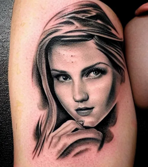 Image similar to tattoo design sketch of a beautiful girl portrait faded in a mountain background, in the style of den yakovlev, realistic face, black and white, realism tattoo, hyper realistic, highly detailed