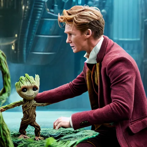 Image similar to newt scamander taking care of baby groot from guardians of the galaxy