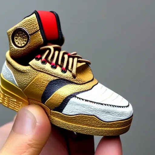 Image similar to realistic scultpure of sneaker! design, sneaker design overwatch fantasy style mixed with aztec mayan native street fashion, focus on sneakers only, shoes designed by akira toriyama and studio ghibli