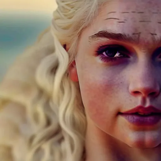 Prompt: a selfie of daenerys targaryen played by taylor swift, smooth skin, purple eye color, ethereal beauty, medium shot, detailed eyes, vivid, golden hour