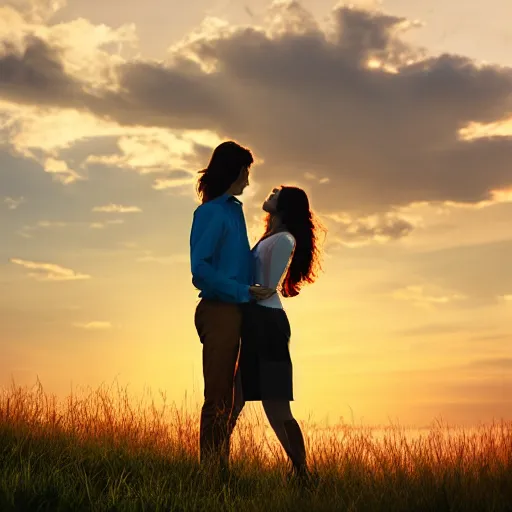 Prompt: long shot landscape young man and woman with long brown hair silhouette cuddle, sun rise, realism, soft lighting