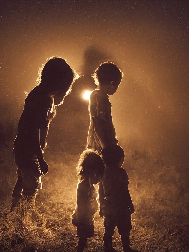 Prompt: backlit portrait of 2 kids at night, by cristobal toral, manuel lopez villasenor, high definition, intricate details, atmospheric, vegetation, small town