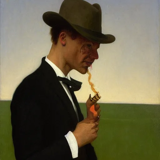 Image similar to a portrait painting of a man in a suit with a skull as his head smoking a cigarette, head is surrounded by clouds, in the style of Edward Hopper and William Adolphe Bouguereau, 4k,