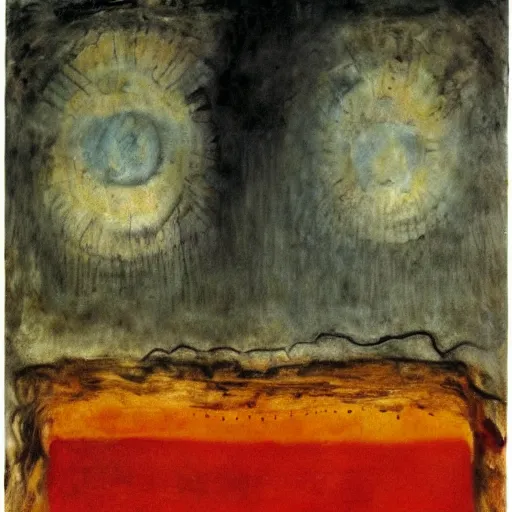 Image similar to under the bleeding sun, by Anselm Kiefer, by Max Ernst, by, Mark Rothko beautiful, eerie, surreal, colorful