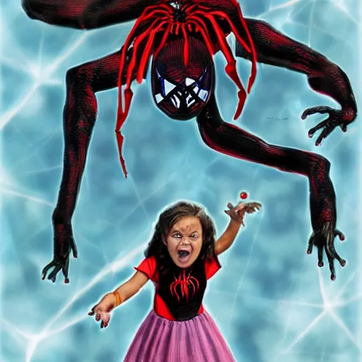 Image similar to evil spiderwoman capturing big children, realistic,