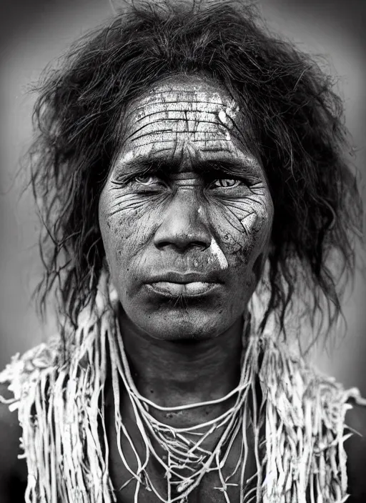 Image similar to Award winning Editorial photo of a Native Nauruans with incredible hair and beautiful hyper-detailed eyes wearing traditional garb by Lee Jeffries, 85mm ND 5, perfect lighting, gelatin silver process