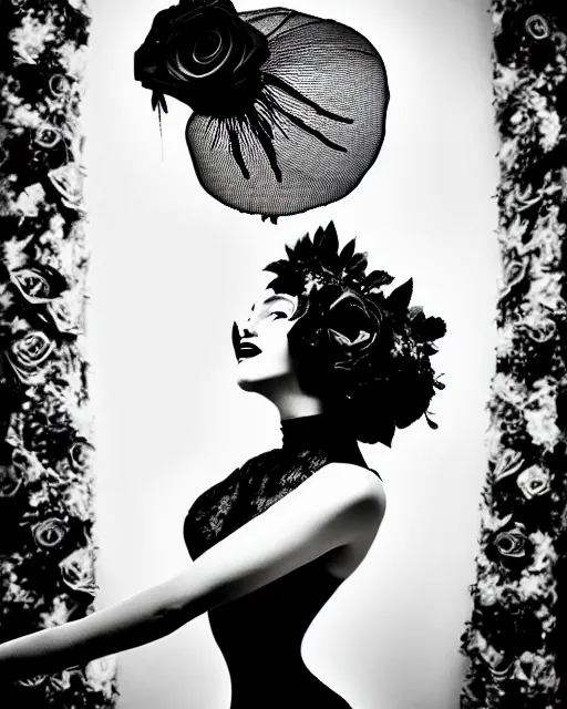 Prompt: dreamy surreal poetic black and white photo of a beautiful young bio-mechanical-female-jellyfish-cyborg-plant-plastic-robot Marilyn Monroe with a very long neck and a super big gothic lace collar and a very high big floral crown with many black dry roses by Vivienne Westwood:: smoke, high fashion, haute couture, rococo, avant-garde, elegant, dreamy, hyper realistic, 150 mm lens, soft rim light, octane render, unreal engine, picture was taken in 1910 by Dora Maar, volumetric lighting, dramatic light,8k,
